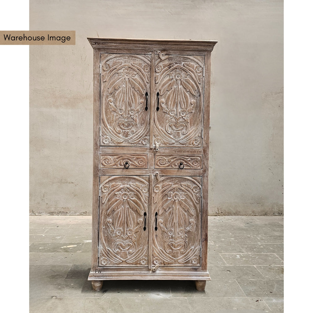 Meuble Wooden Carved Storage Wardrobe Almirah (Grey Brown Distress)