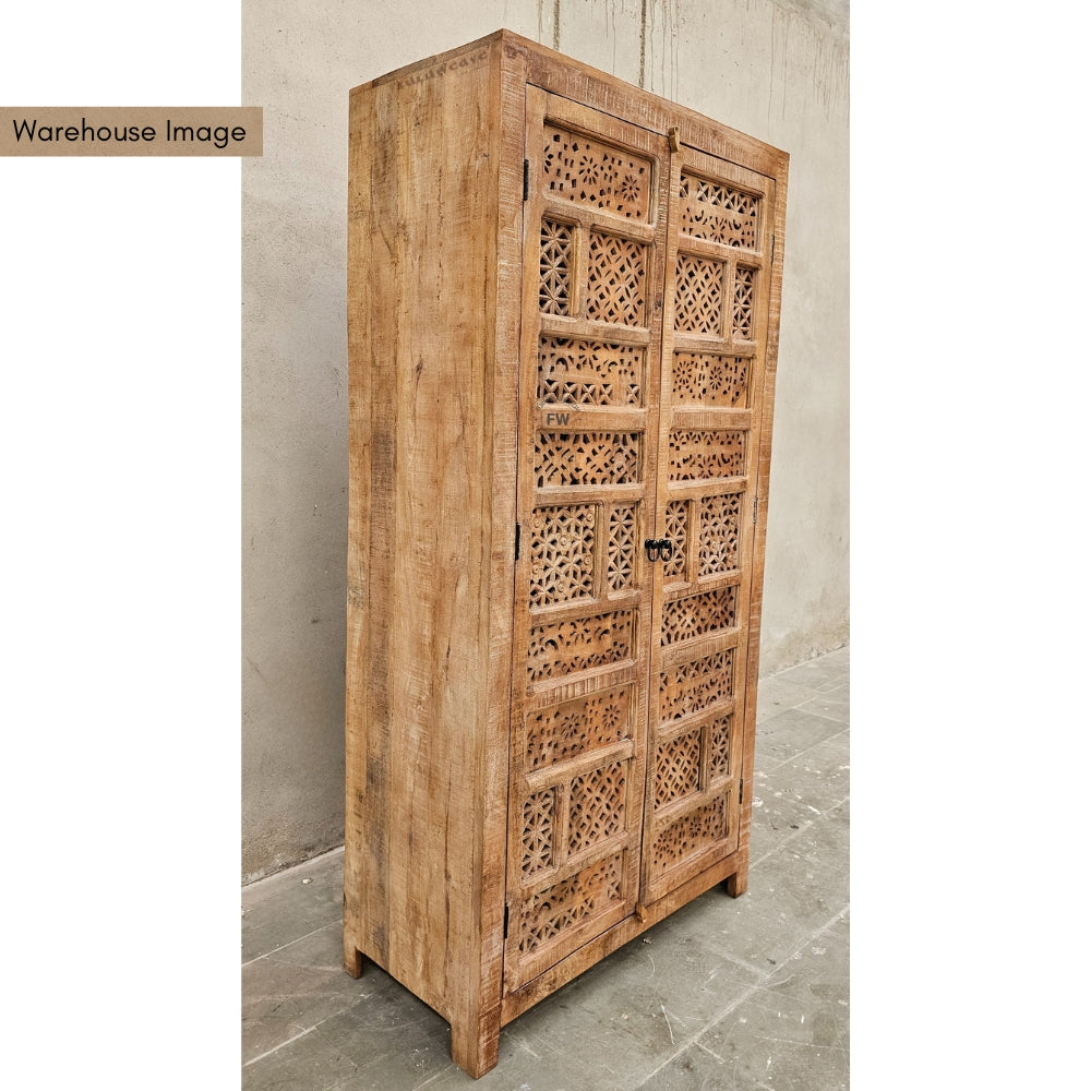 Sabre Wooden Carved Storage Wardrobe Almirah for Storage (Natural Antique)