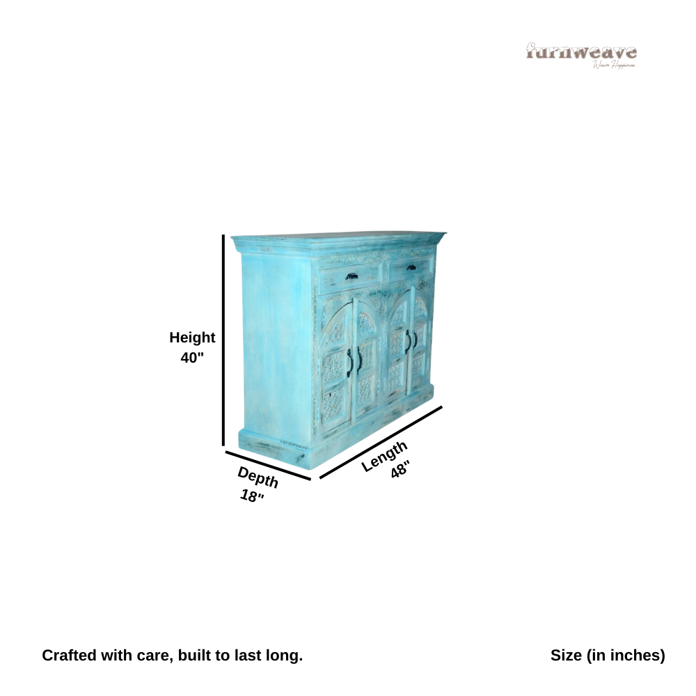 Sarba Wooden Carved Storage Cabinet with Mirror (Blue Distress)