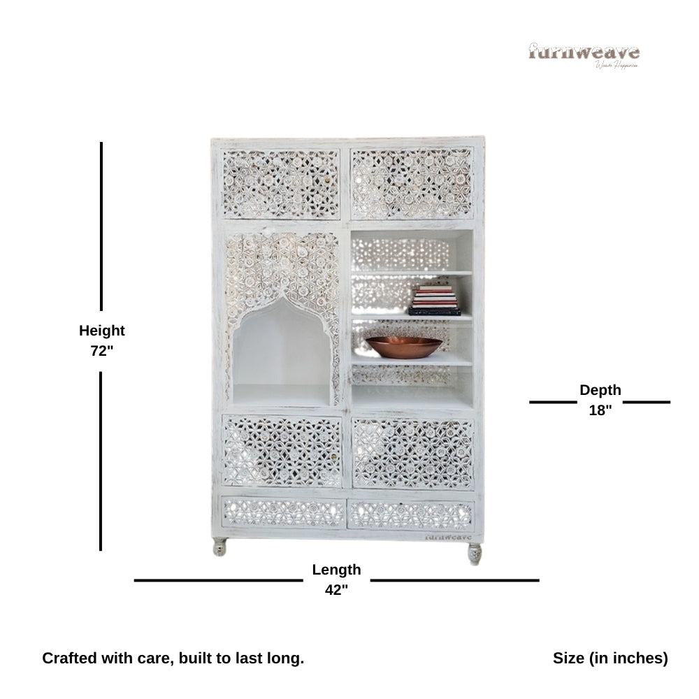Namas Wooden Carved Storage Cabinet (White Distress)