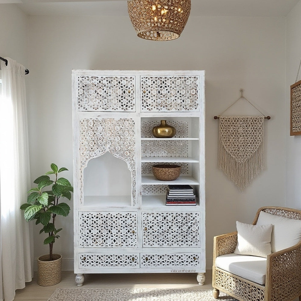 Namas Wooden Carved Storage Cabinet (White Distress)