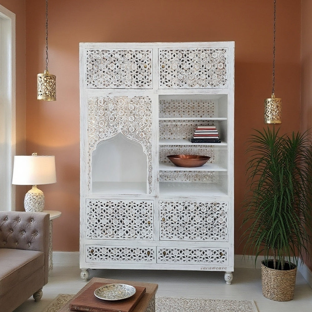 Namas Wooden Carved Storage Cabinet (White Distress)