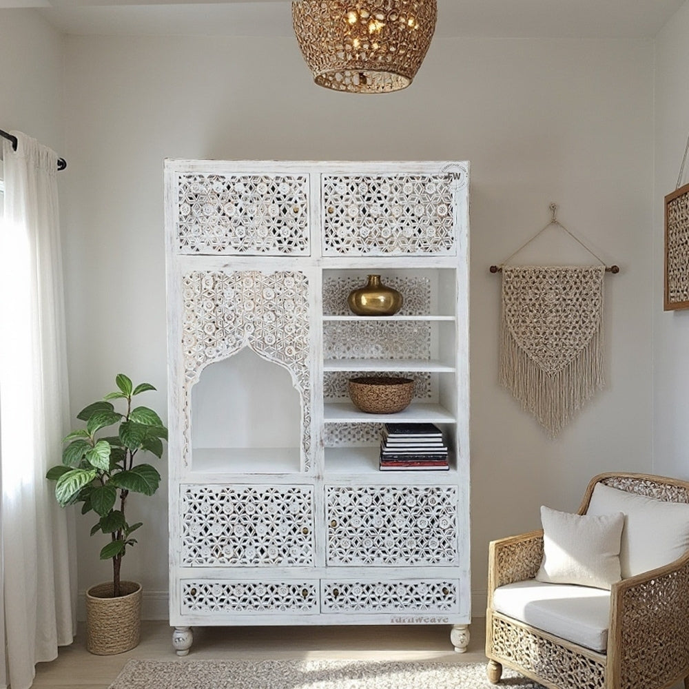 Namas Wooden Carved Storage Cabinet (White Distress)