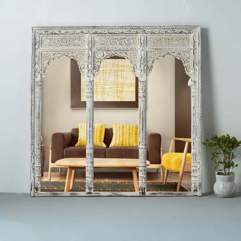 Haver Wooden Carved Mirror Frame Jharokha (White Distress)