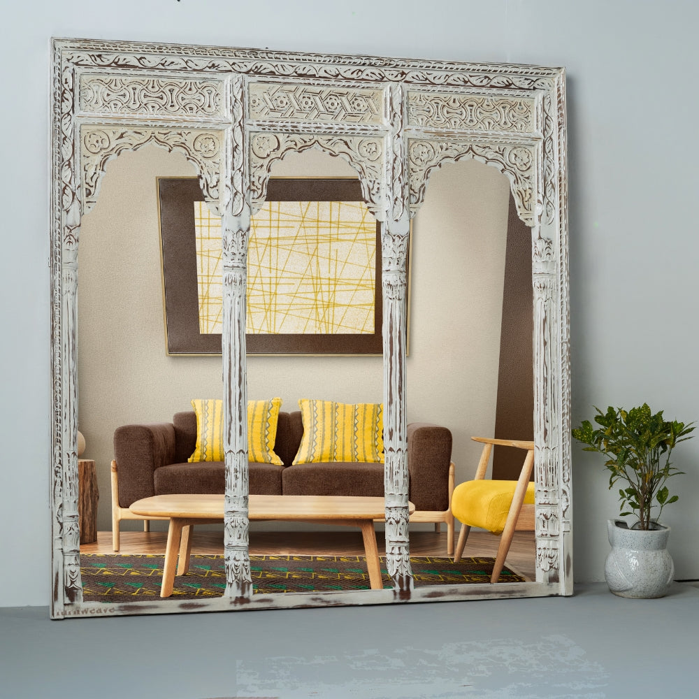 Haver Wooden Carved Mirror Frame Jharokha (White Distress)