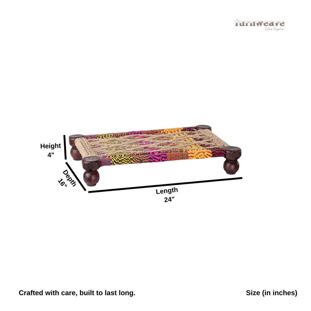 Woven Multipurpose Wooden Chowki for Platter and Pooja (Jute and Multicolor)