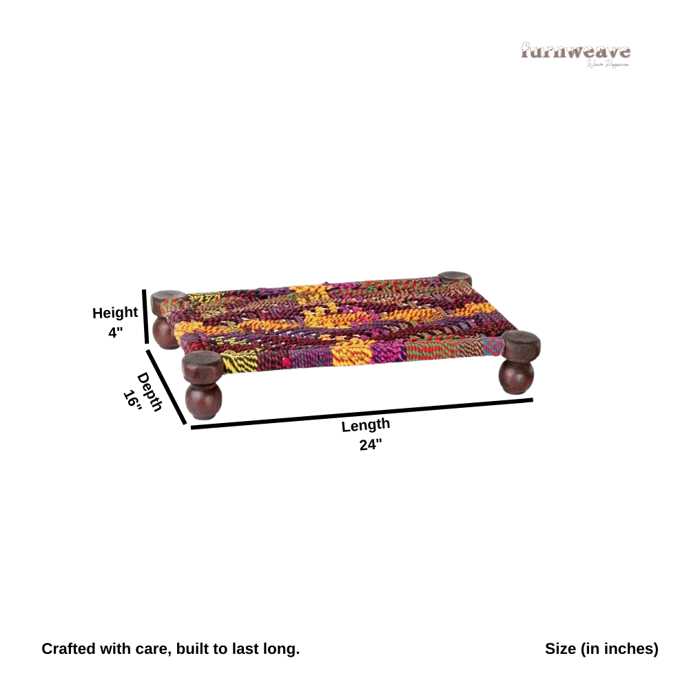 Woven Multipurpose Wooden Chowki for Platter and Pooja (Colorful)
