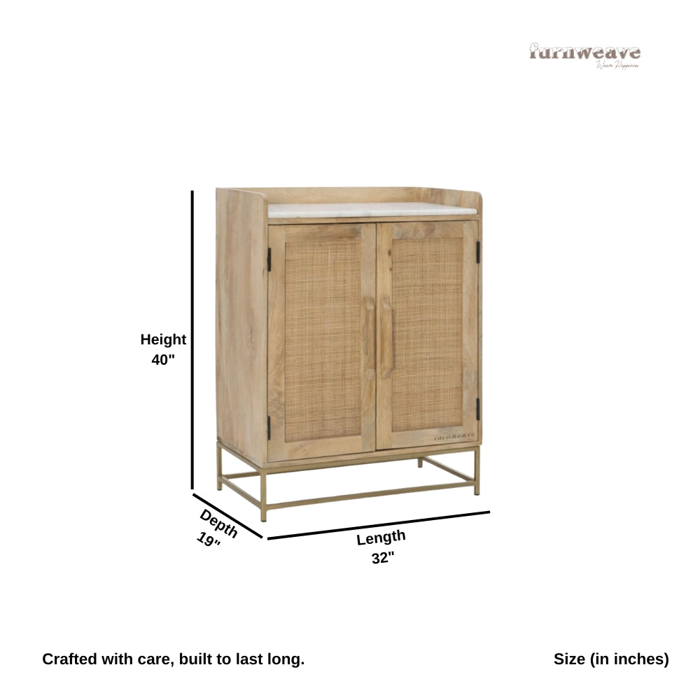 Cana Wooden Rattan Bar Cabinet with Marble Top (Natural)