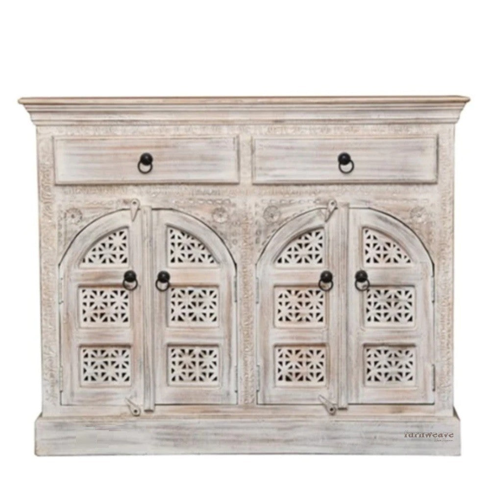 Lookea Wooden Carved Storage Cabinet (White Distress)