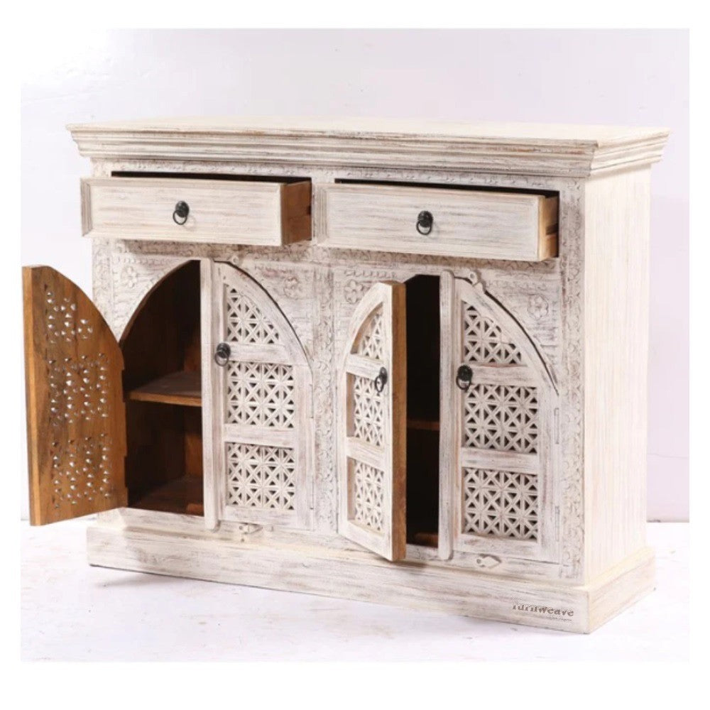 Lookea Wooden Carved Storage Cabinet (White Distress)