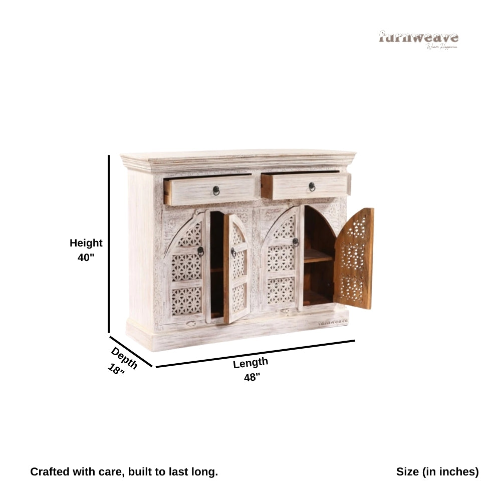 Lookea Wooden Carved Storage Cabinet (White Distress)