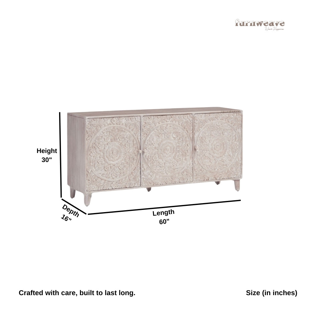 Kherka Wooden Carved Sideboard (Off White Distress)