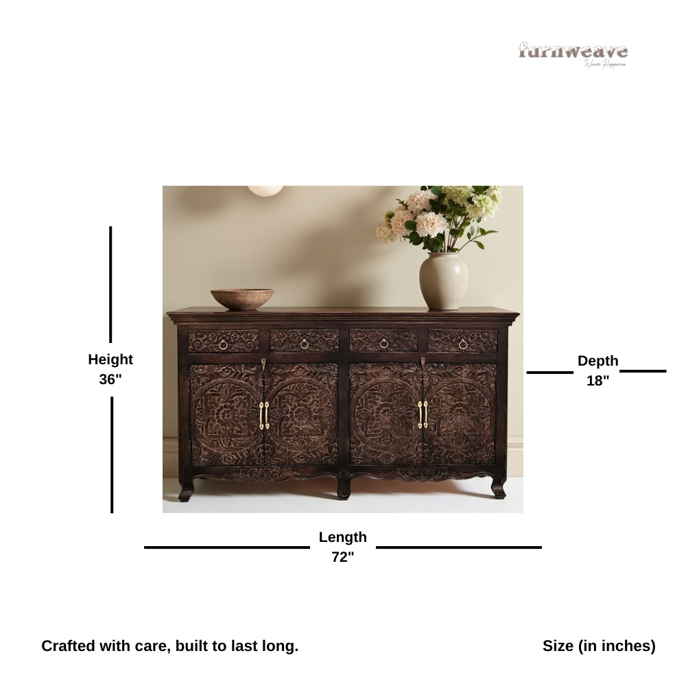 Onav Wooden Carved Storage Crockery Unit (Walnut)