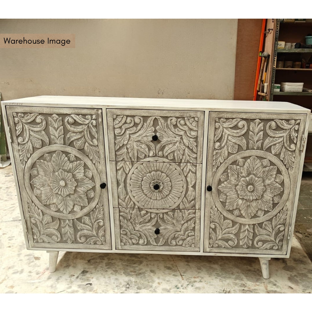 Phili Wooden Carved Storage Cabinet (White Distress)