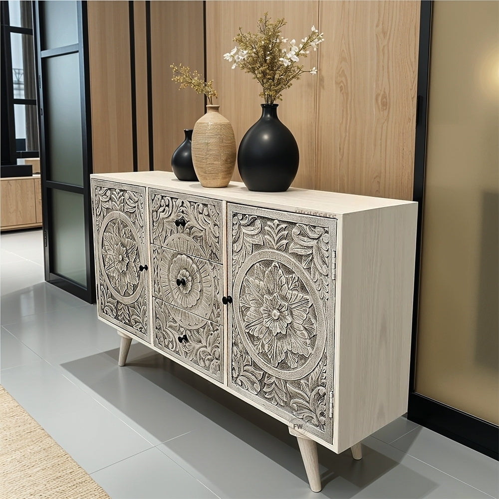 Phili Wooden Carved Storage Cabinet (White Distress)
