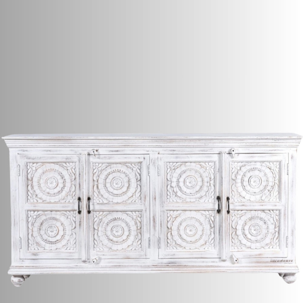 Rifo Wooden Designer Antique Carved Sideboard (White Distress)