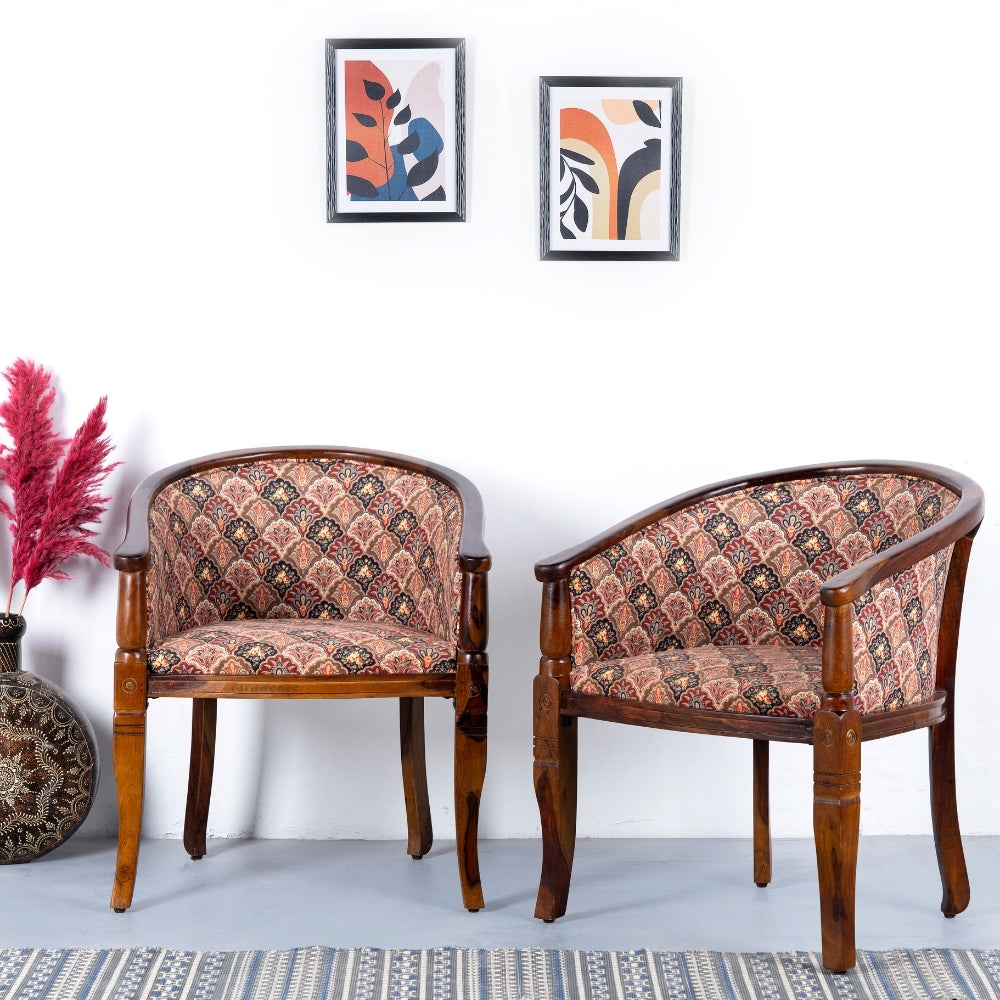 Sukriya Wooden Upholstered Arm Chair Set of Two (Teak Finish)