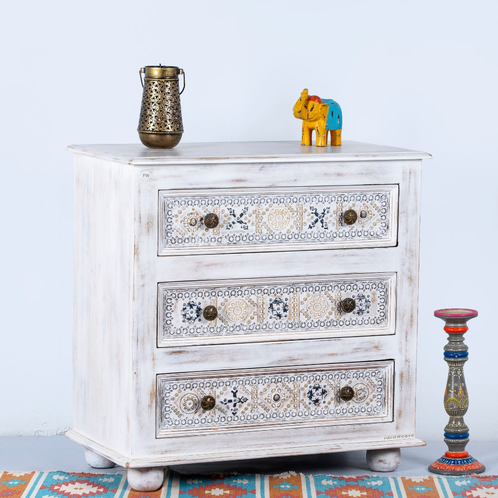 Sena Wooden Brass Rustic Chest of Drawer (White Distress)