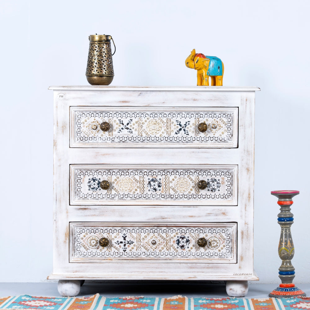 Sena Wooden Brass Rustic Chest of Drawer (White Distress)