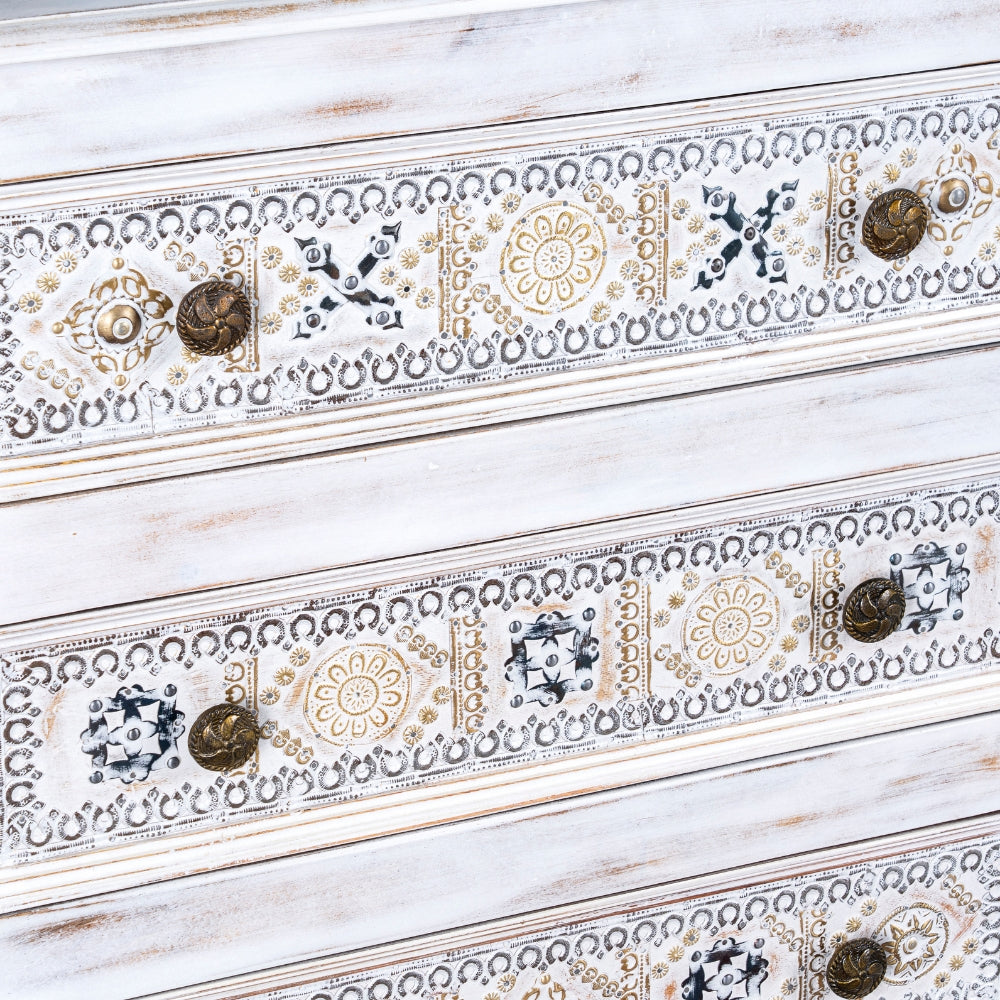 Sena Wooden Brass Rustic Chest of Drawer (White Distress)