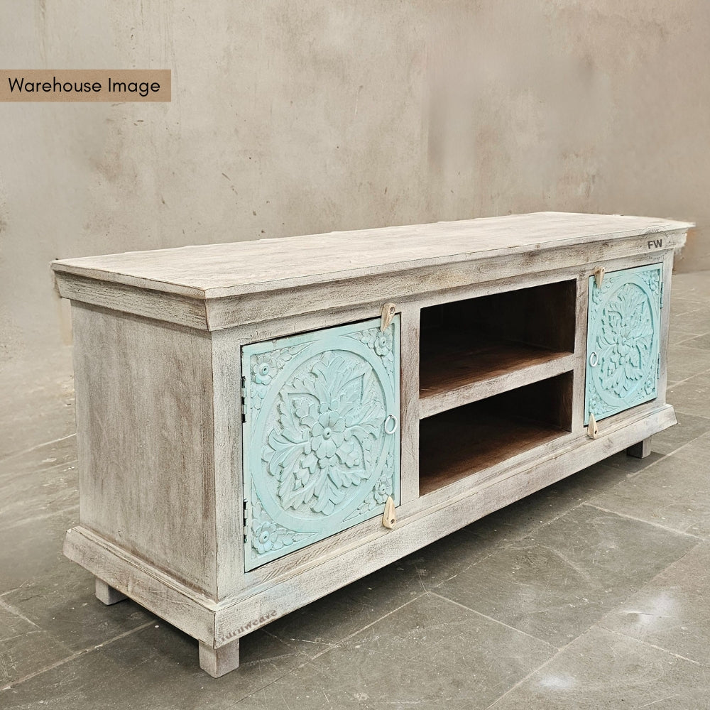 Samvi Wooden Carved Tv Unit (Off White Distress)