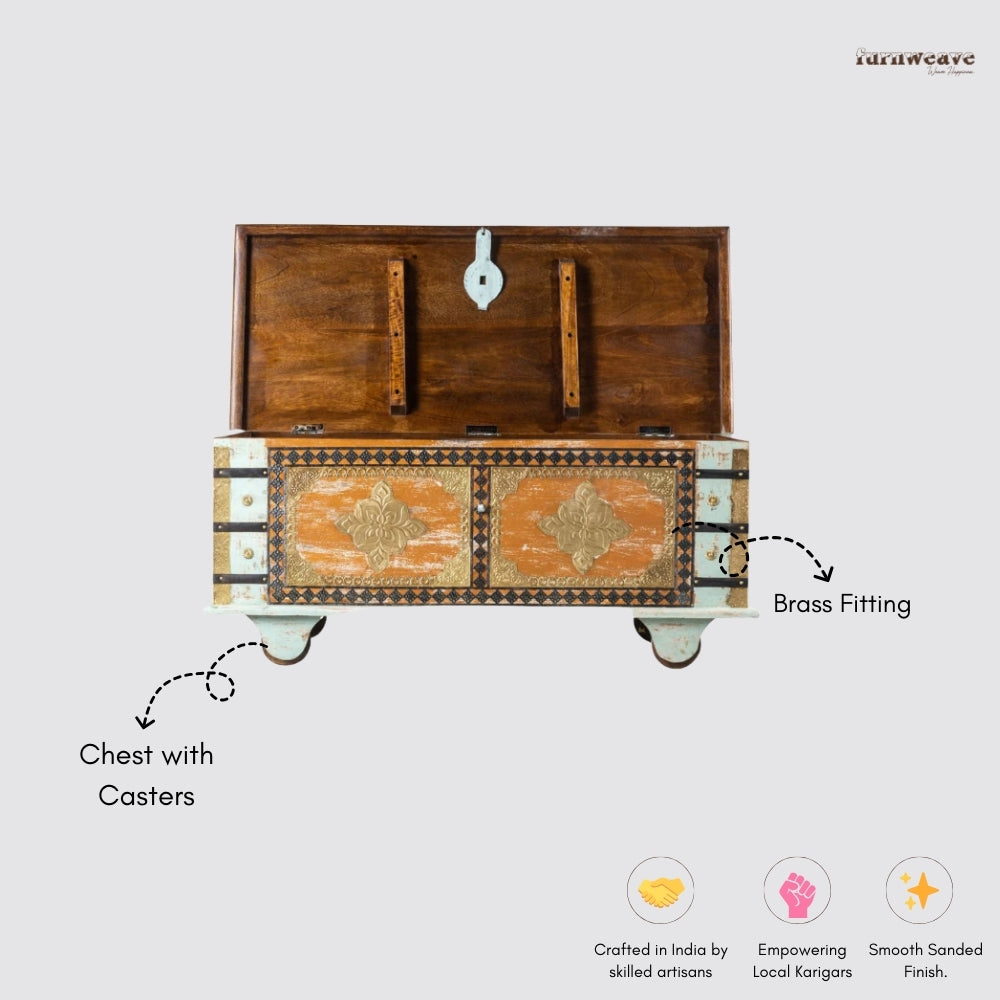 Opea Wooden Brass Fitted Antique Pitara Trunk (Mint Distress)