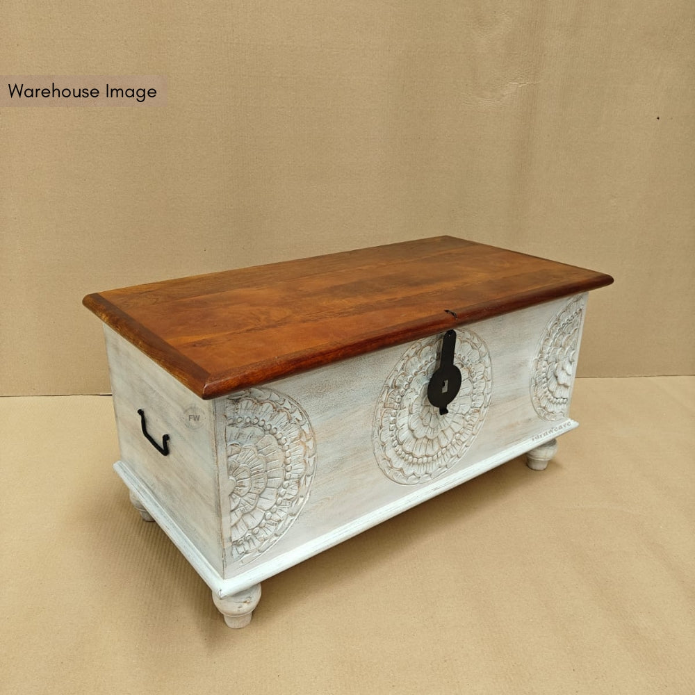 Devin Wooden Carved Storage Trunk Cum Coffee Table (White Distress)