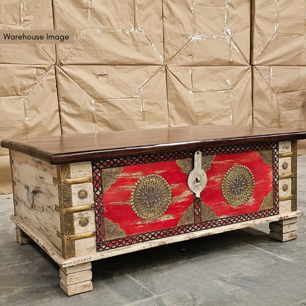 Tofa Wooden Brass Fitted Trunk cum Coffee Table (Walnut)