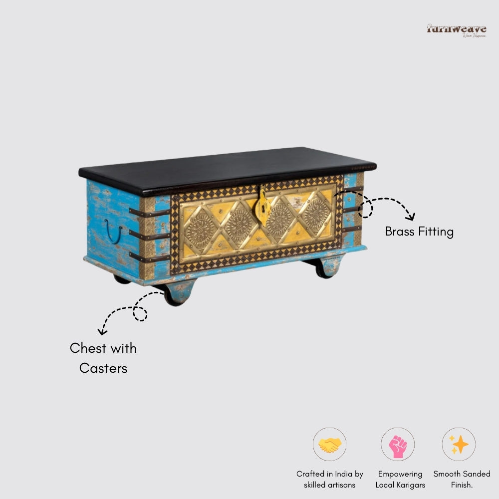 Funi Wooden Brass Fitted Trunk cum Coffee Table (Blue Distress)
