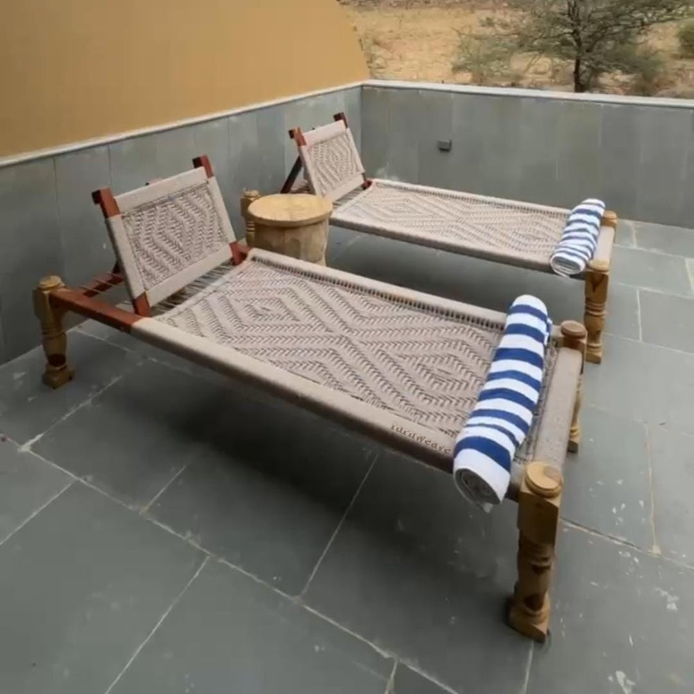Wooden Charpai with Backrest Poolside Lounger (Beige)