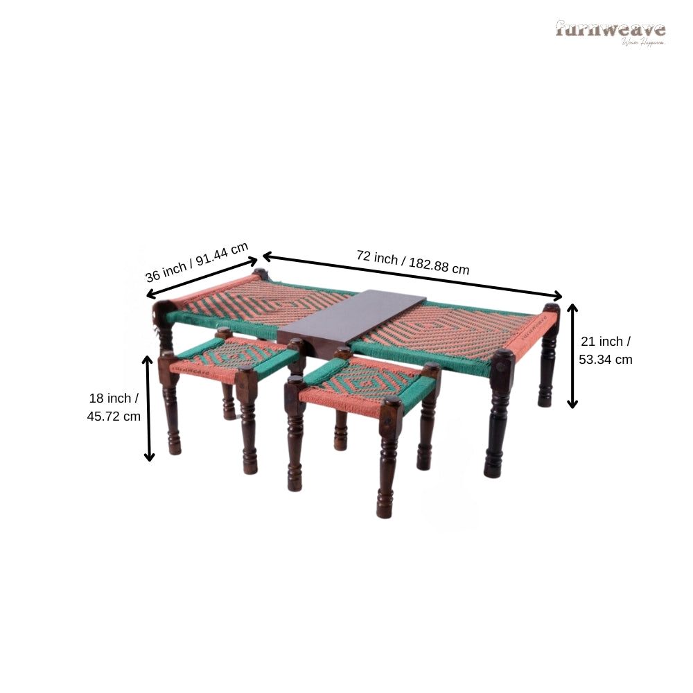 Rajasthani Wooden Khatiya Khaat with Two Stools with Plank (Orange and Green)