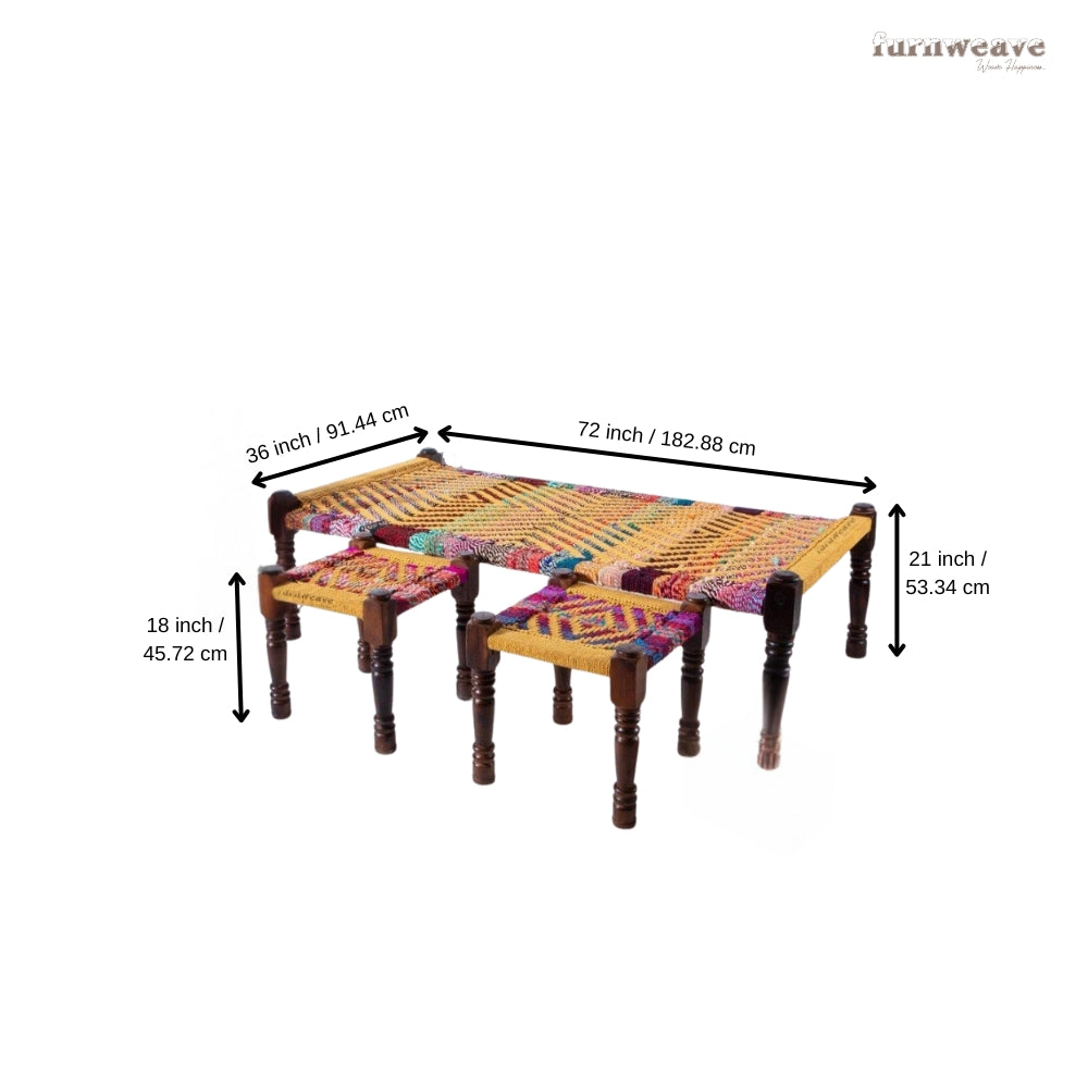 Rajasthani Wooden Khatiya Khaat with Two Stools (Multi and Yellow)