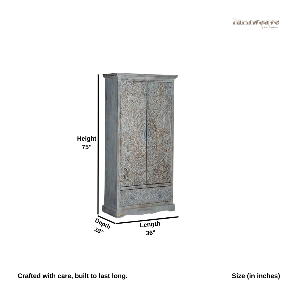 Swift Wooden Carved Storage Almirah with Drawer (Grey)