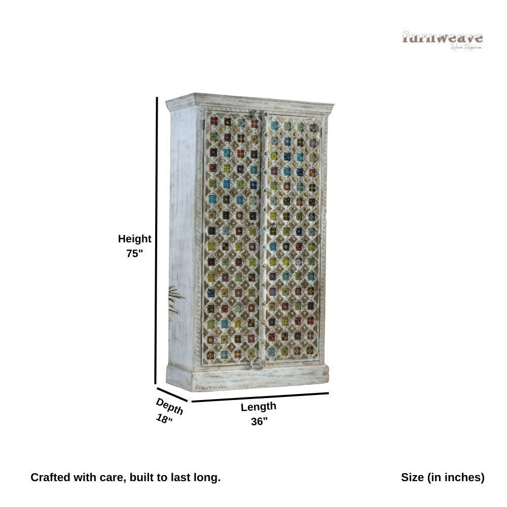 Sahe Wooden Wardrobe in Mosaic Pattern (White Distress)