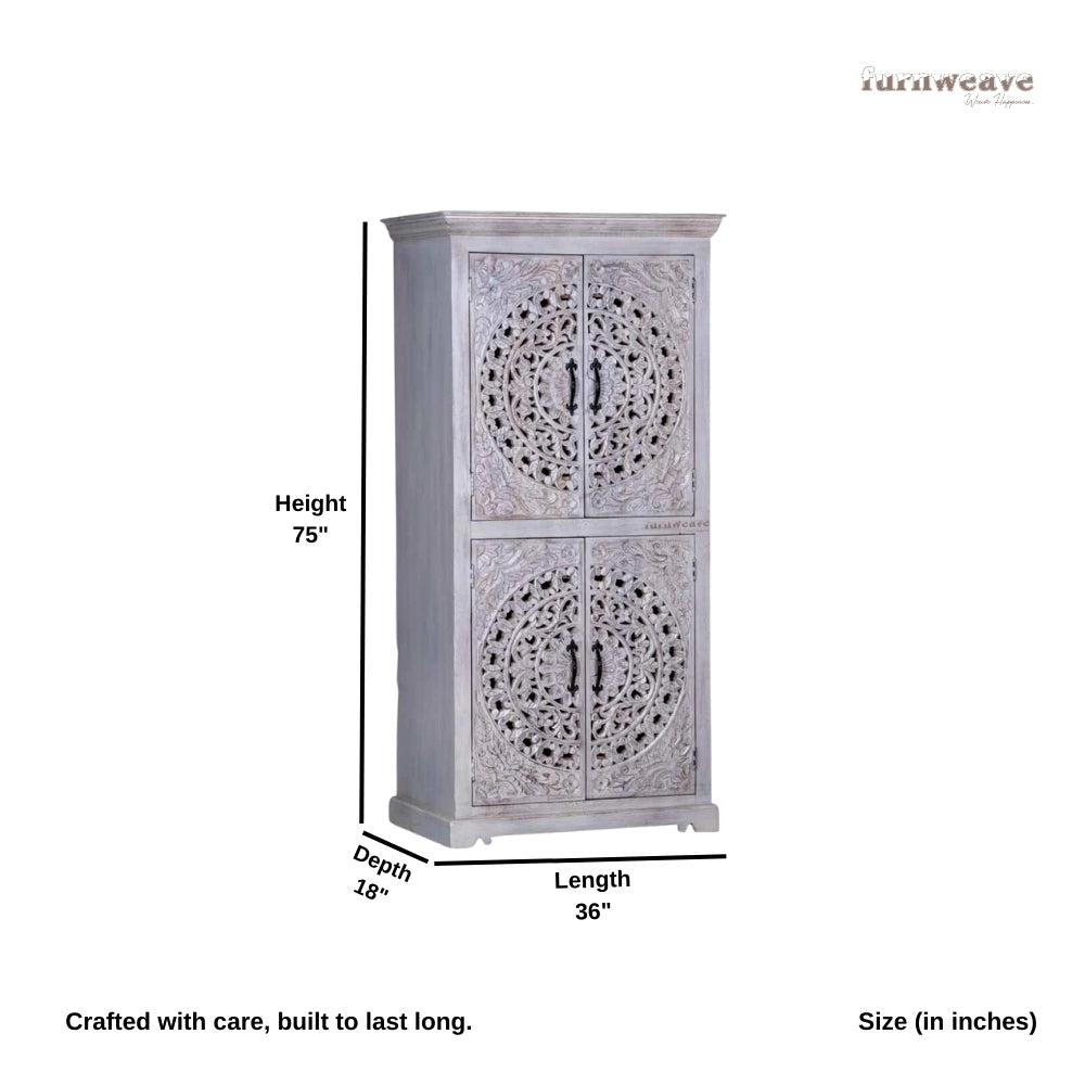 Galken Wooden Carved Wardrobe (Light Grey)