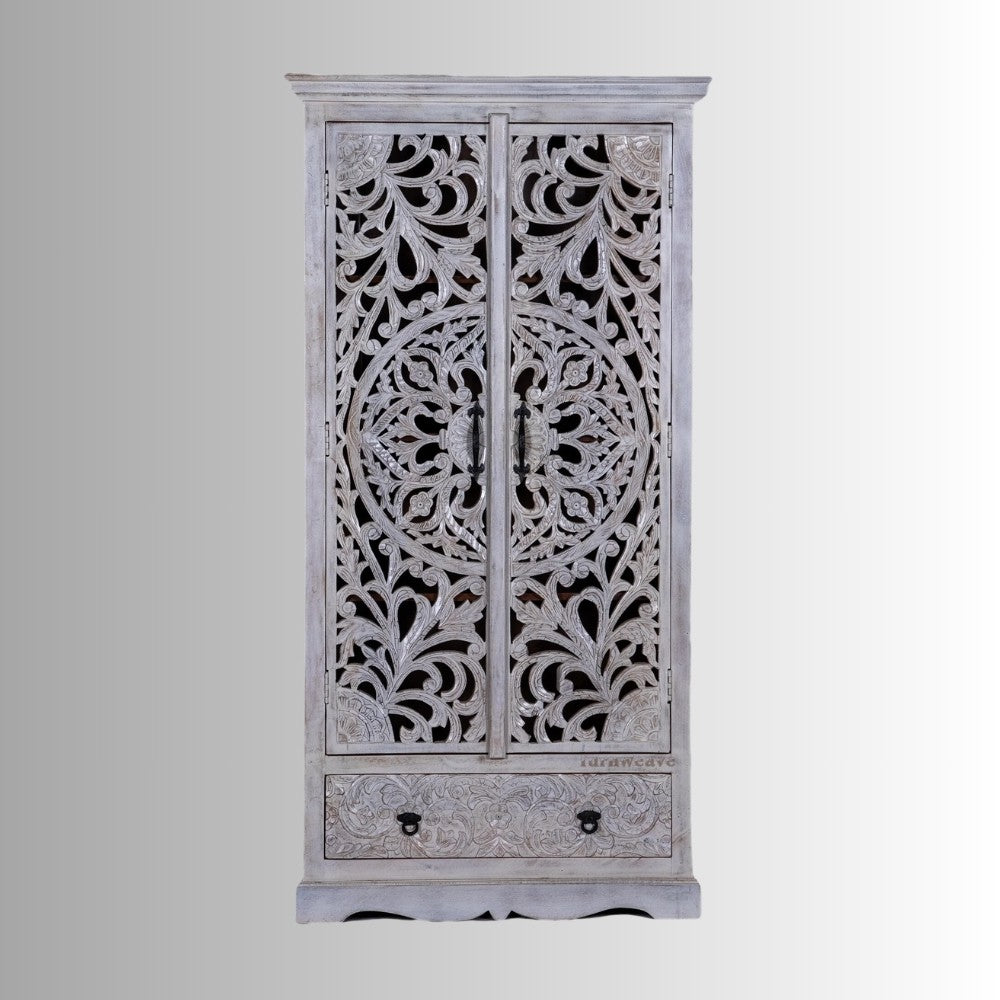 Ining Wooden Carved Wooden Wardrobe Almirah (White Distress)