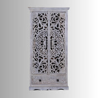 Ining Wooden Carved Wooden Wardrobe Almirah (White Distress)