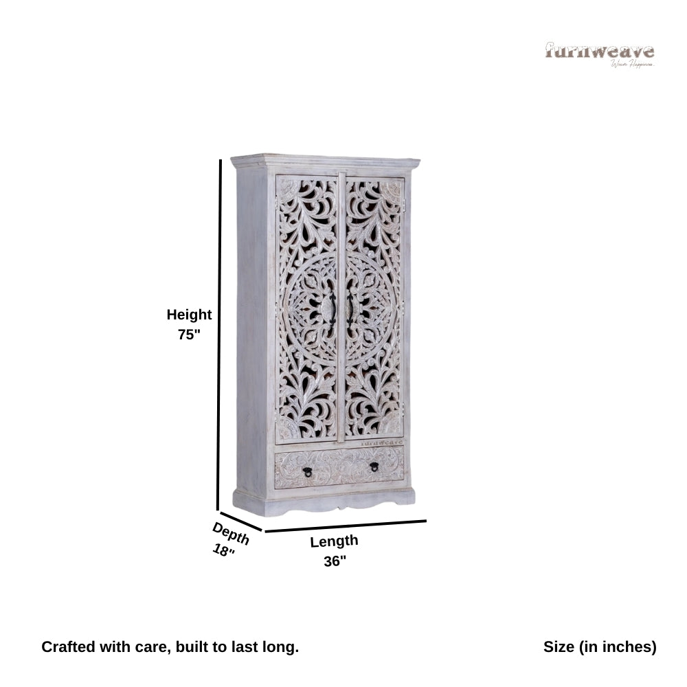 Ining Wooden Carved Wooden Wardrobe Almirah (White Distress)