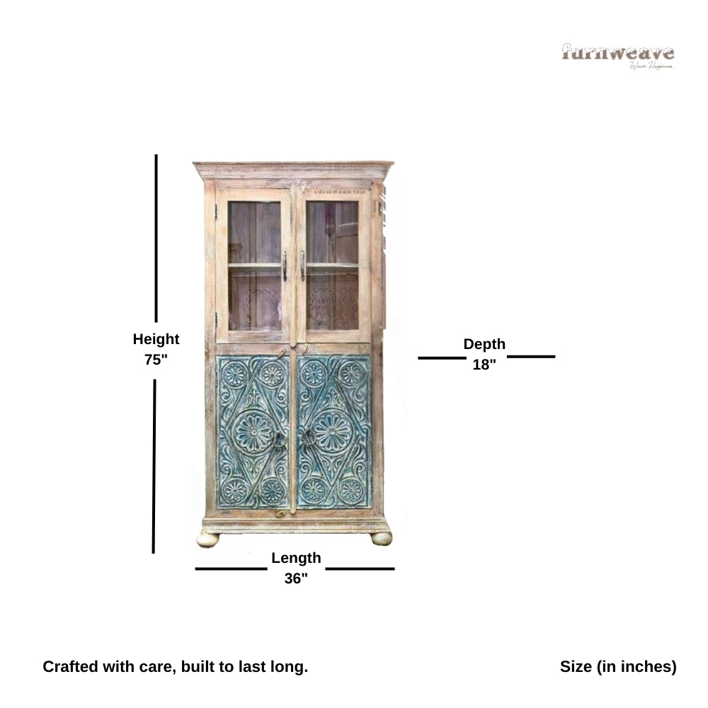Rebece Wooden Carved Storage Wardrobe Almirah (Cream Distress)