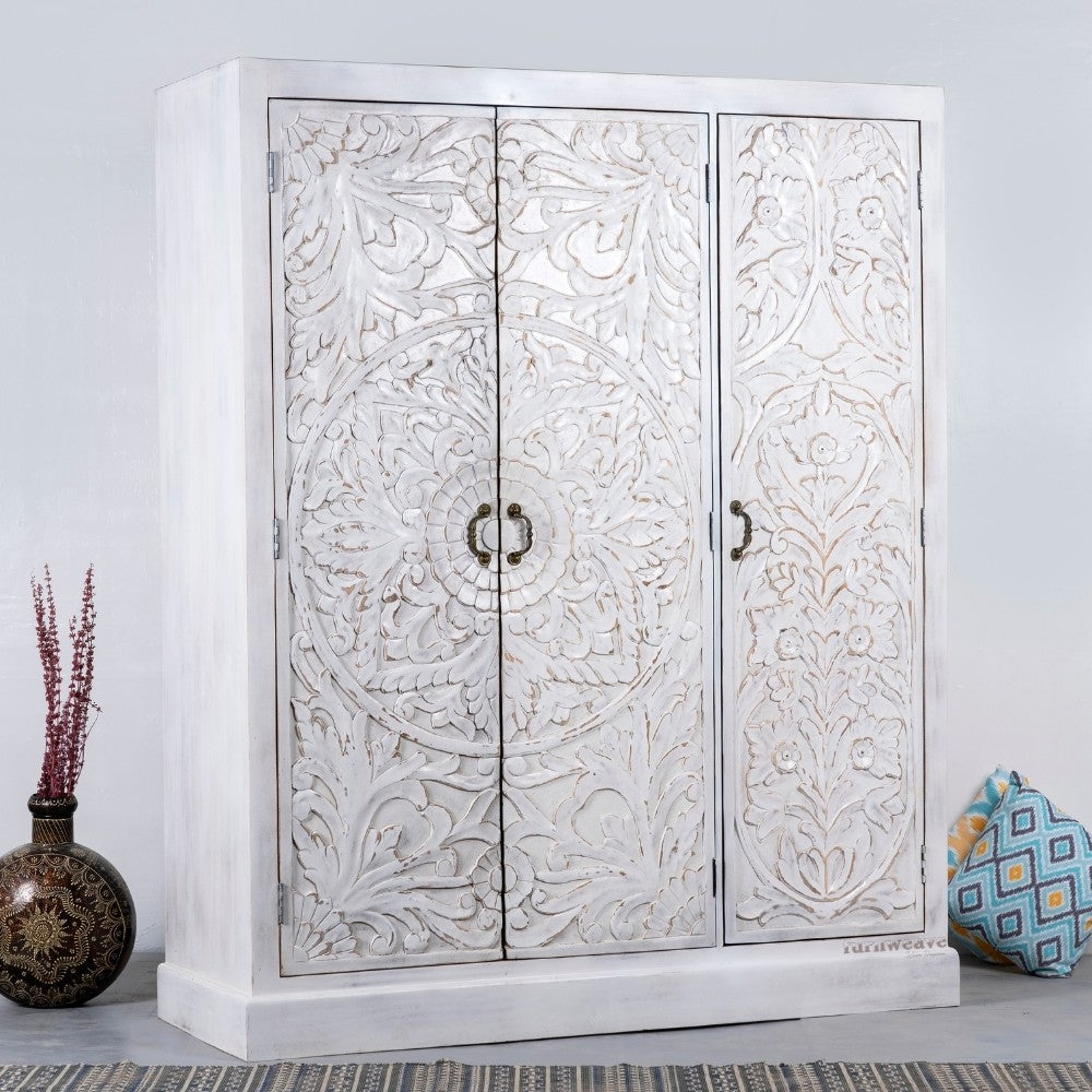 Khame Wooden Carved Storage Three Door Wardrobe (White Distress)