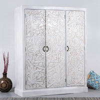 Khame Wooden Carved Storage Three Door Wardrobe (White Distress)