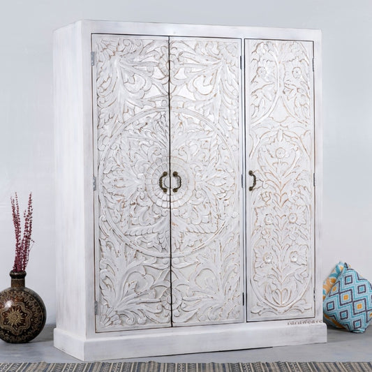 Khame Wooden Carved Storage Three Door Wardrobe (White Distress)