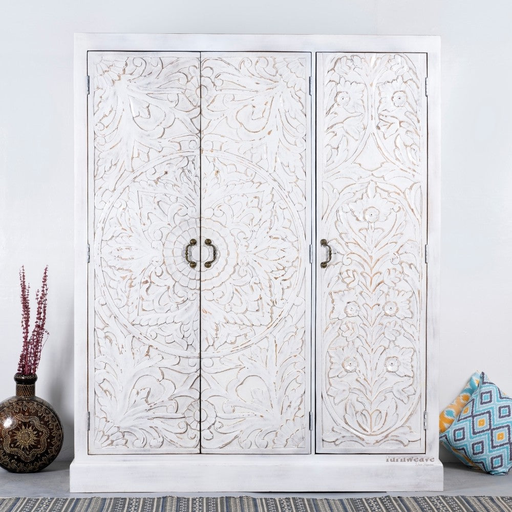 Khame Wooden Carved Storage Three Door Wardrobe (White Distress)