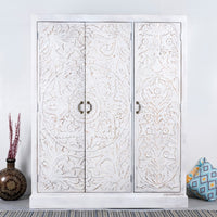 Khame Wooden Carved Storage Three Door Wardrobe (White Distress)