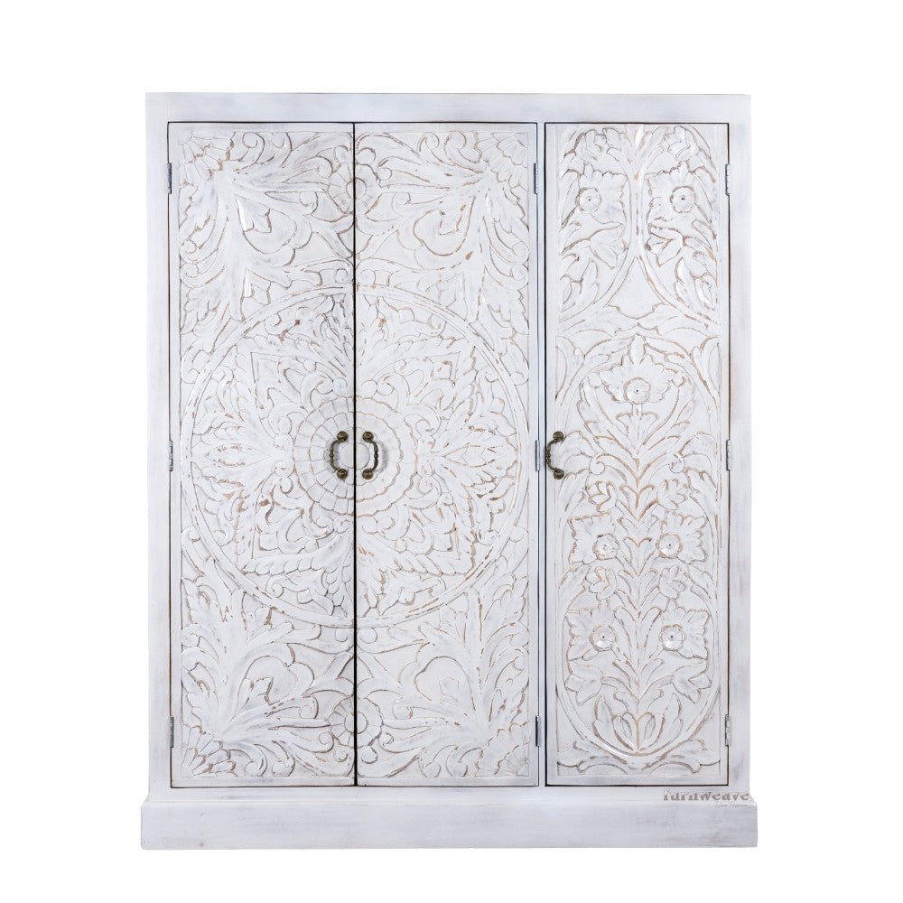 Khame Wooden Carved Storage Three Door Wardrobe (White Distress)