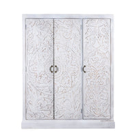 Khame Wooden Carved Storage Three Door Wardrobe (White Distress)