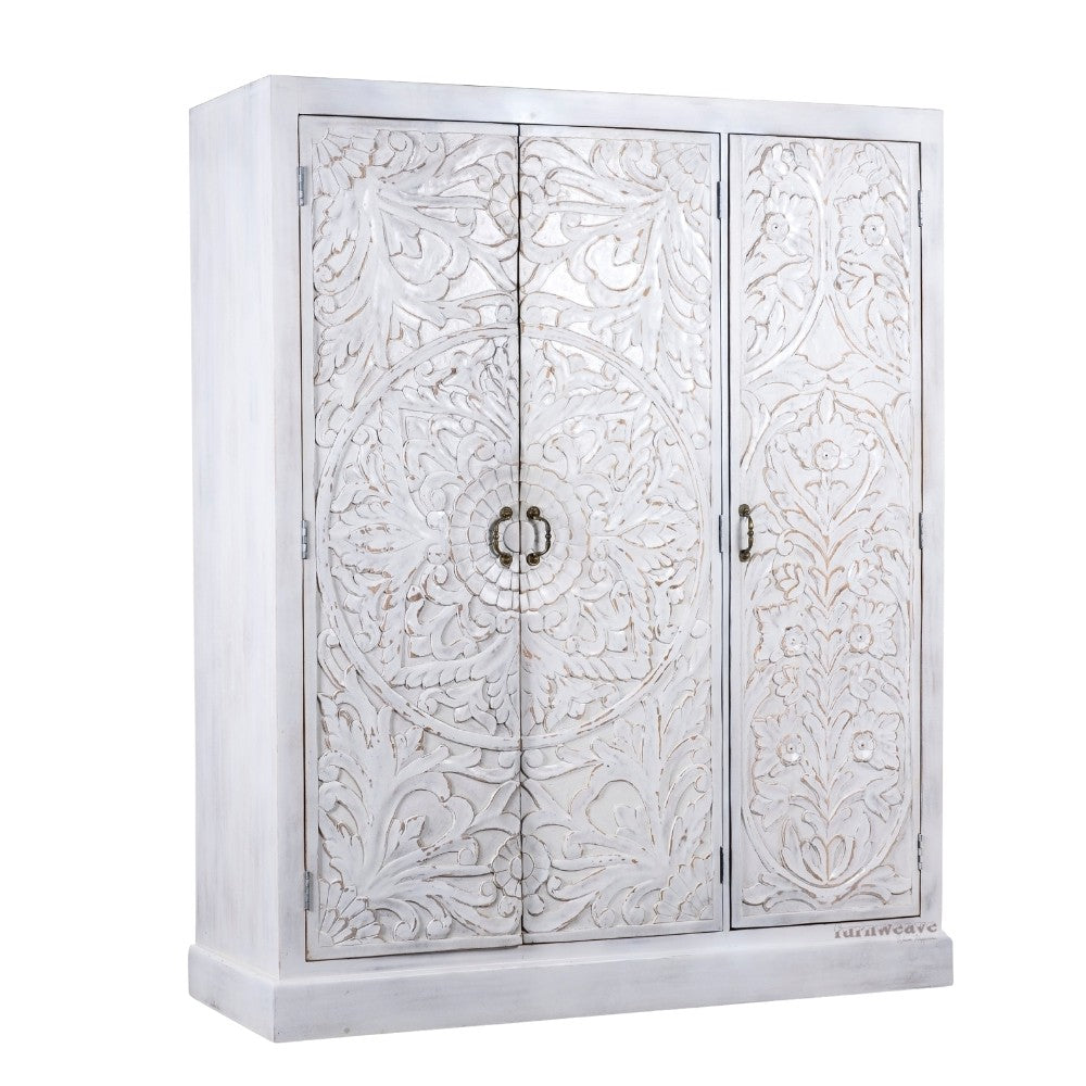 Khame Wooden Carved Storage Three Door Wardrobe (White Distress)