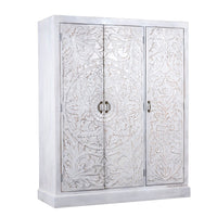 Khame Wooden Carved Storage Three Door Wardrobe (White Distress)