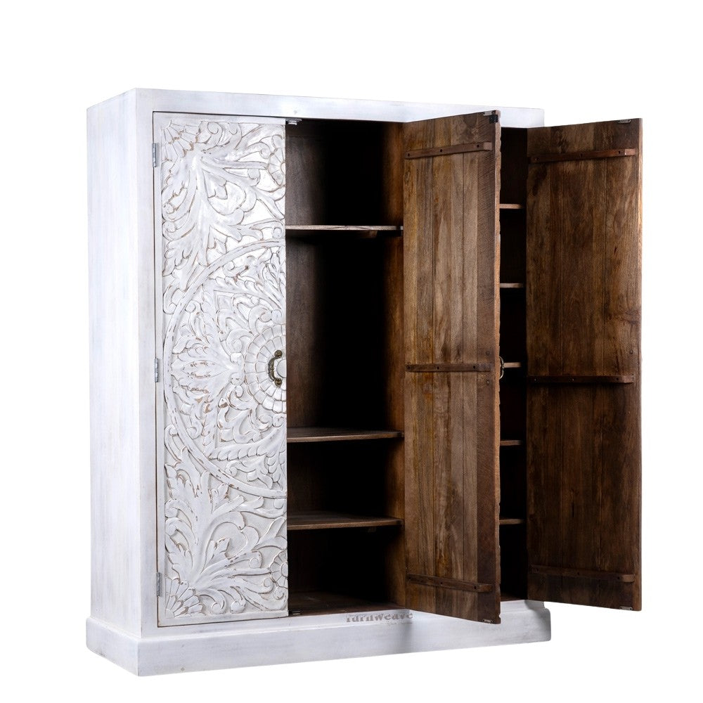 Khame Wooden Carved Storage Three Door Wardrobe (White Distress)