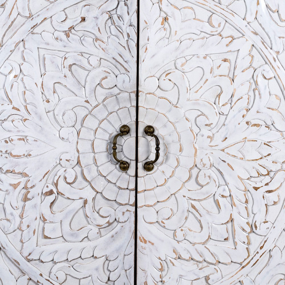 Khame Wooden Carved Storage Three Door Wardrobe (White Distress)